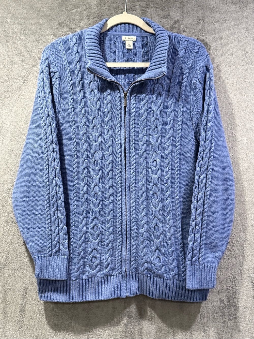 L.L. Bean Women’s Size 2X Full Zip Blue Cotton Double L Mixed Cable Knit Sweater